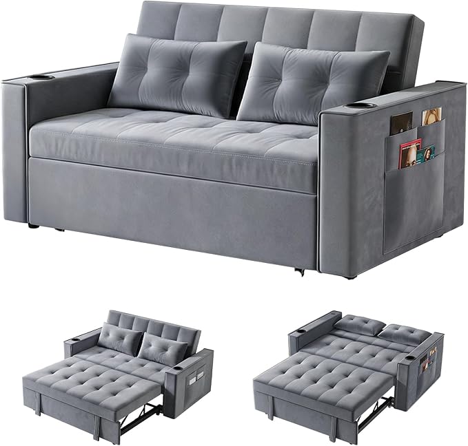 3 in 1 Convertible Sofa Bed with Charging Station Cup Holder Pillow Side Pocket Adjustable Backrest 70 Pull Out Sofa Couch Loveseat Sleeper for Living Room Apartment (Wood-Frame Grey) | Convert