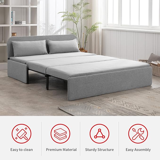 PUREMIND Queen Size Pull Out Sleeper Sofa Bed Linen Convertible Sofa Bed with Foldable Mattress Loveseat Couch Pull Out Bed with 2 Cushions for Small Place Apartment Office Grey