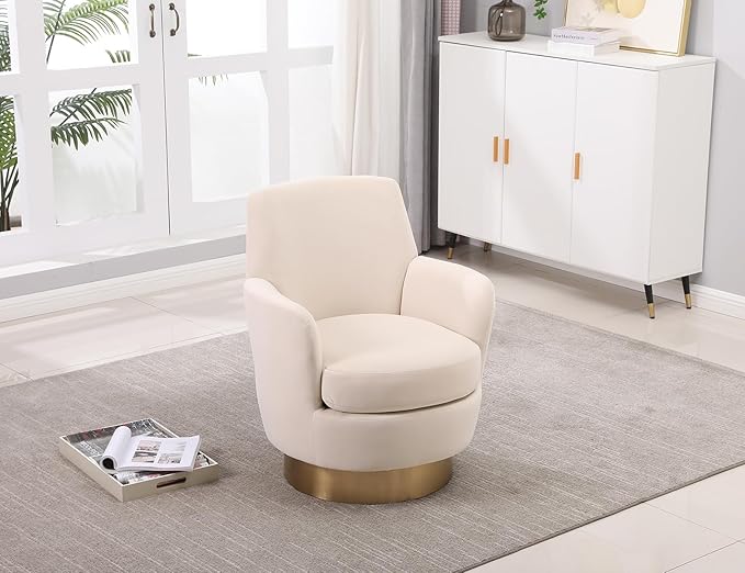 Velvet Swivel Accent Chair Upholstered Barrel Chair with Golden Base Comfy Sherpa Round Boucle Chair 360-degree Swivel Armchair for Living Room Bedroom Lounge Office Nursery Club Beige
