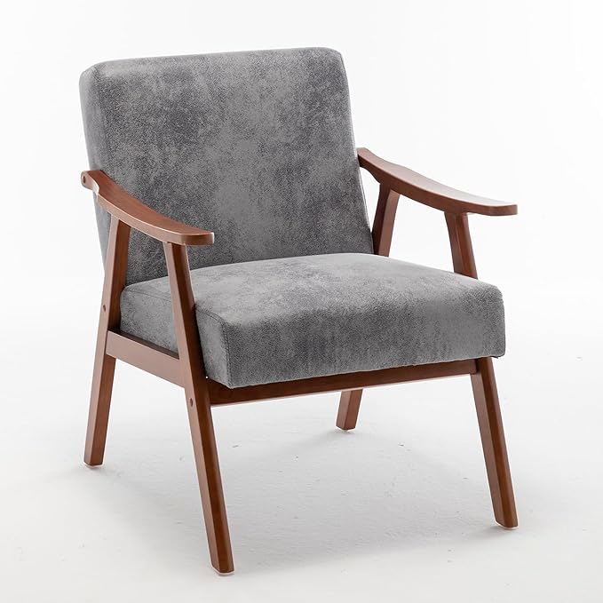 Mid Century Modern Accent Chair with Microfiber Upholstery and Solid Wood Frame Ideal for Living Room Bedroom Office Coffee Shops and Hotel Grey
