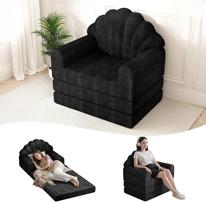 2-in-1 Folding Sofa Bed with Back Support 75 D x 34 W Convertible Futon Sleeper Chair for Adult Fold Out Bean Bag Floor Foam Lounger Couch for Living Room Bedroom Small Space Black