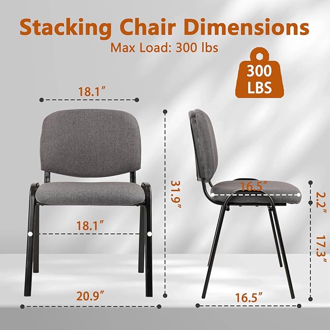 CLATINA Set of 10 Stackable Waiting Room Chairs Armless No Wheels Reception Chair with Upholstered Seat Guest Chairs for Conference Breakroom Lobby Events Church School Hall Hotel (Grey)