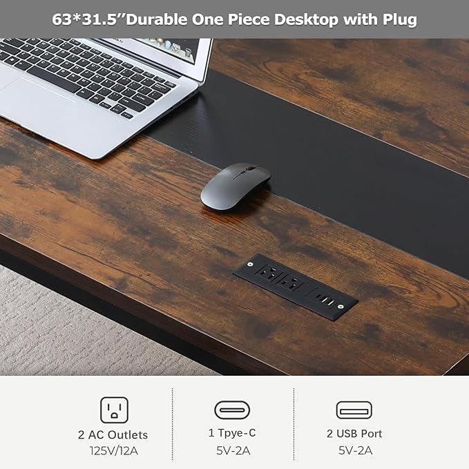 Large Computer Desk - 63 Inch Home Office Desks Study Student Writing Table Gaming Desk Wood Modern Simple Table with USB Ports Rustic + Black