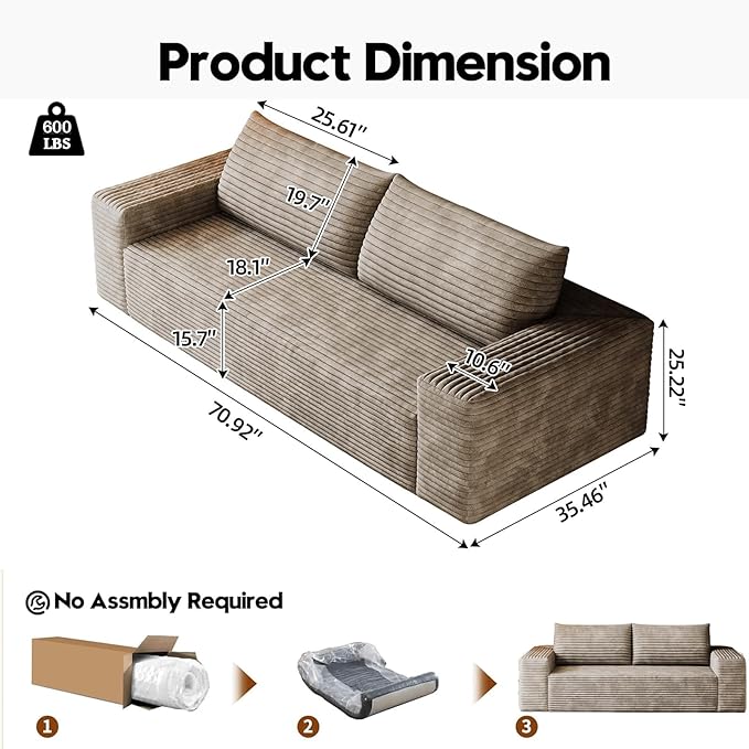 71 Cloud Loveseat Sofa Modern Corduroy Boneless Couch with Deep Seat Memory Foam Comfy 3 Seater Foam Floor Couches for Living Room Bedroom Apartment No Assembly Required (Camel 71+3 Seaters)