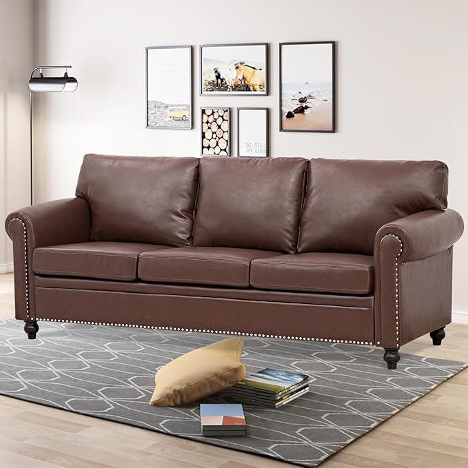 Brown Faux Leather Couch Comfy Classic 3 Seater Living Room SofaMid-Century Modern Sofa with Detachable Cushions 84 for Living Rooms Bedrooms OfficesApartments Tool-Free Assembly(Brown)