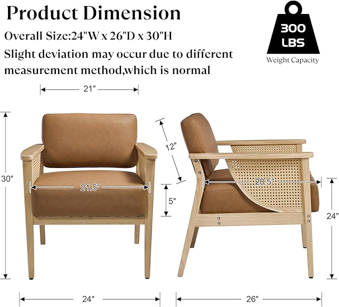 Mid Century Modern Accent Chair Rattan Armchair with Wood Legs Living Room Chair PU Leather Upholstered Lounge Chair for Bedroom Reading Room Brown