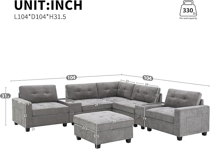104'' Sectional Sofa with Acrylic Table TopChenille U Shaped Couch Set with 2 ConsolesUSB ChargerStorage Drawers and PocketsMovable OttomanTufted Sofa for Living RoomApartment Gray