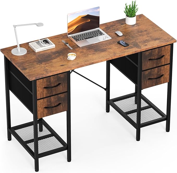 DUMOS Computer Desk 47 Inch with 4 Drawers Home Office Table with Mesh Shelf for Work Study Writing Gaming Storage Furniture for Bedroom Rustic Brown
