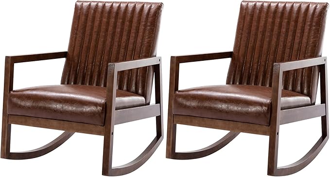 VESCASA Upholstered Rocking Chairs with Channel-Tufted Back Mid-Century Modern Comfy Oil Wax PU Leather Rockers with Black Walnut Wood Frame for Nursery Living Bedroom Indoor Set of 2 Brown