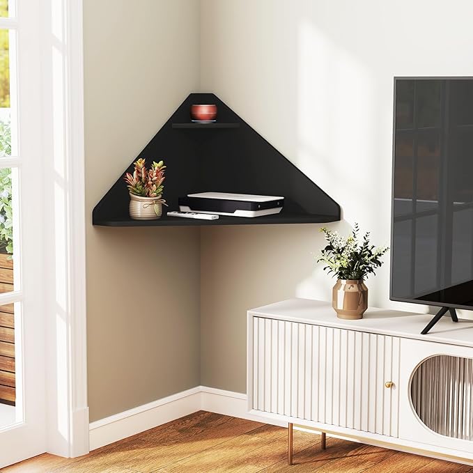 GOFLAME Floating Corner Desk Wall Mounted Triangular Computer Desk w/Storage Shelf Space-Saving Design 90° Wooden Floating Home Office Desk for Writing Working Studying (Black)