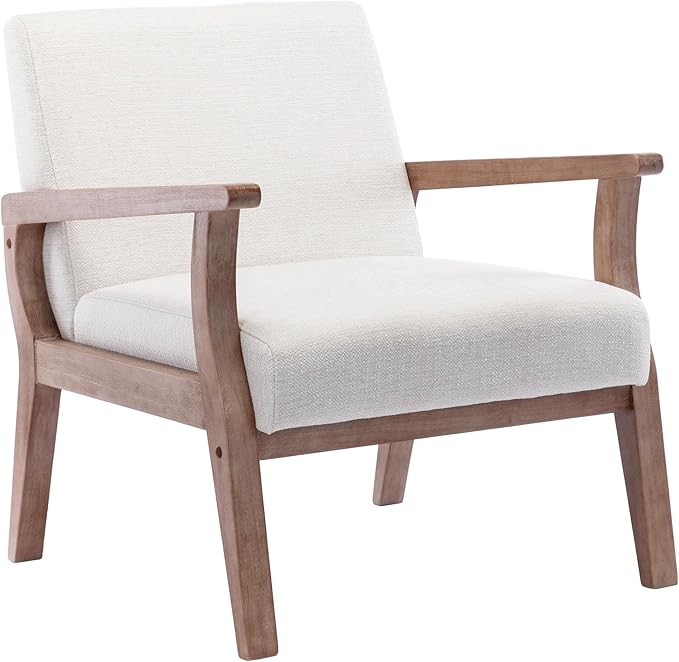 Wahson Comfy Living Room Chairs Linen Upholstered Accent Chairs Farmhouse Armchairs with Natural Wood Frame Oversized Decorative Chair for Bedroom Beige