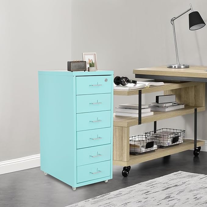 6 Drawer Mobile File CabinetVertical File Cabinet with Lock Metal Storage Cabinet for HomeOffice Horizontal Rolling Filing Cabinets for Letter/Legal/A4/F4 Hanging Files (Blue)