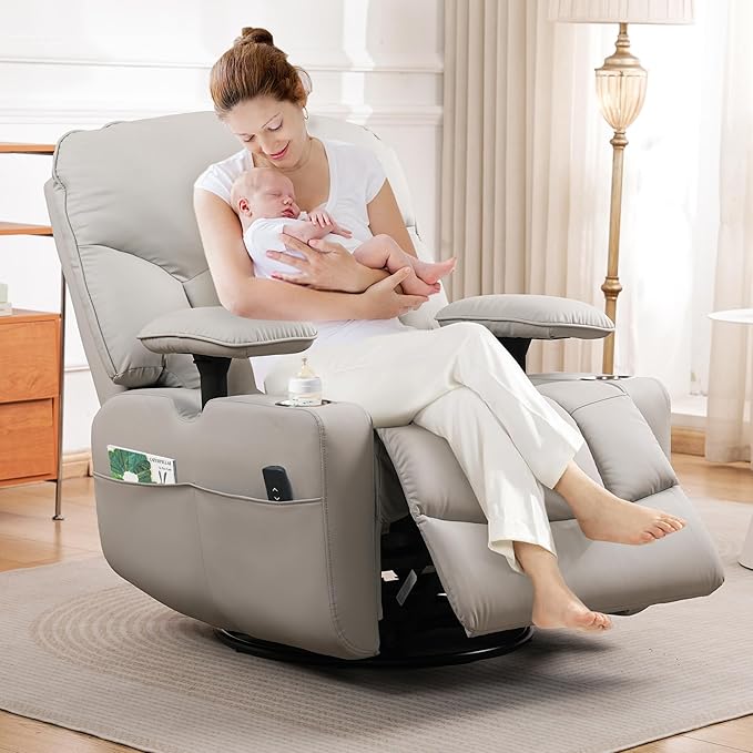GRAINELL Rocking Chair Nursery Electric Swivel Recliner Glider with Adjustable Armrests Nursing Chair with USB Charger Cup &amp Blanket HoldersGrey PU Leather