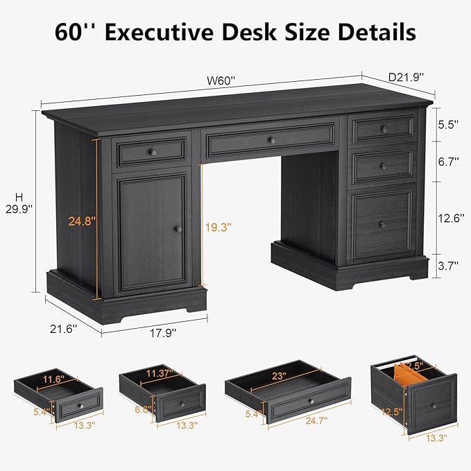 Vipbear 60 Farmhouse Executive Desk with Drawers and Cabinet Embossed Texture Wood Home Office Desk Rustic Computer Writing Desk Workspace for Work Study Writing Black