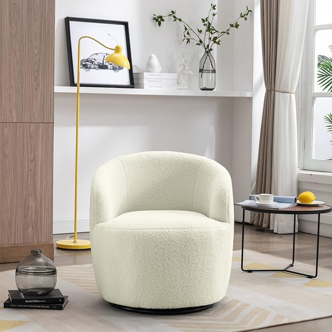 Set of 2 Swivel Barrel Accent Sofa Chair Modern Teddy Fabric Club 360 Degree Swivel Chair Small Leisure Arm Chair for Nursery Living Room Hotel Bedroom Office Lounge Ivory