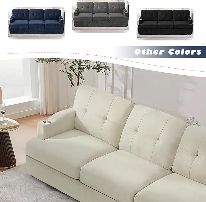89 Chenille 3 Seats Sofa with Built-in Cup Holder Tufted Modern Couch with Thickened Seat Cushions Soft Upholstered Sofa with Deep Seating Space for Living Room Apartment Beige