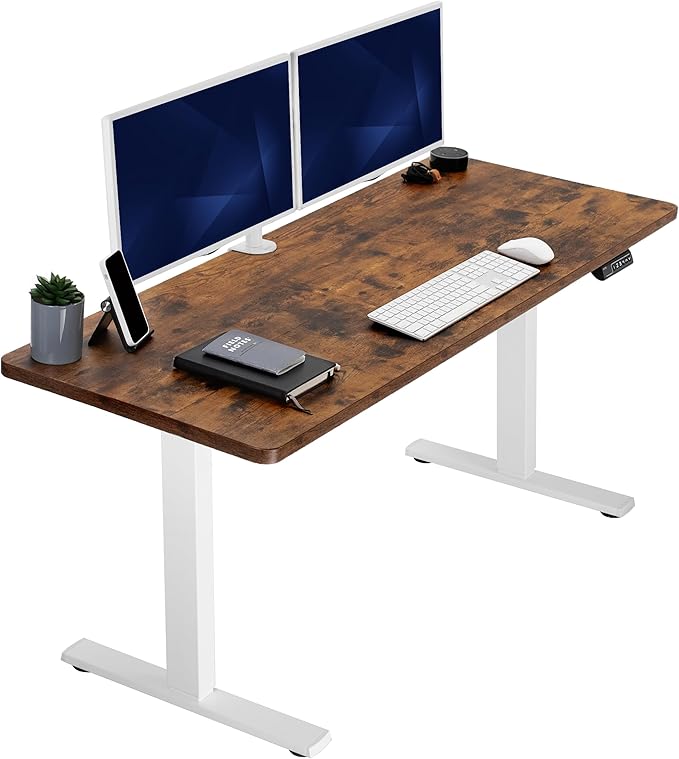 VIVO Electric 60 x 24 in Rustic Standing Desk Memory Height Adjustment 1B Series Holds 220 lbs One-Piece Vintage Brown Top White Frame DESK-KIT-1W6N