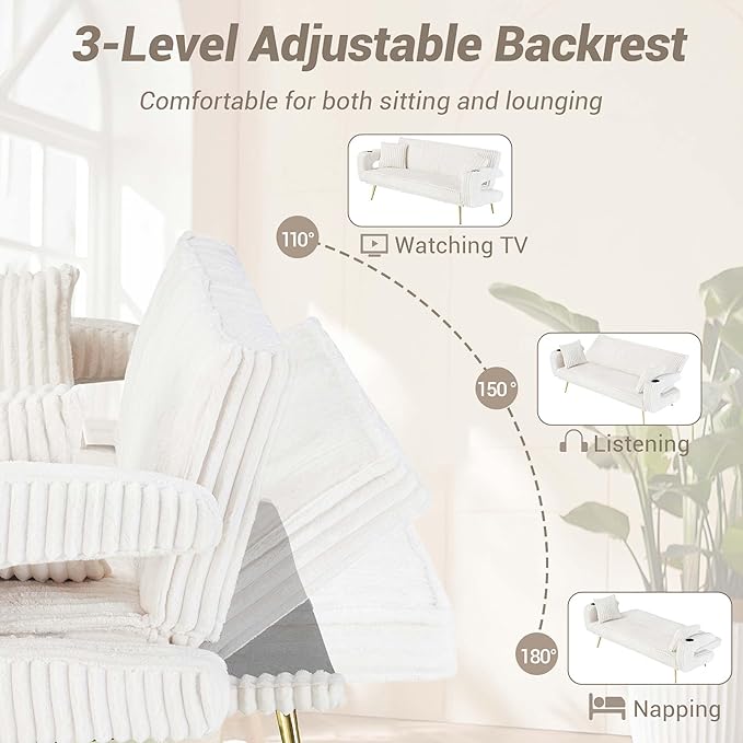74 Modern Corduroy Sofa Bed FutonConvertible Sleeper Bed Couch with Dual Cup Holder4 Reclining PositionsFolding Cloud Sofa Loveseat for Small Living Room Apartment Office (Beige)