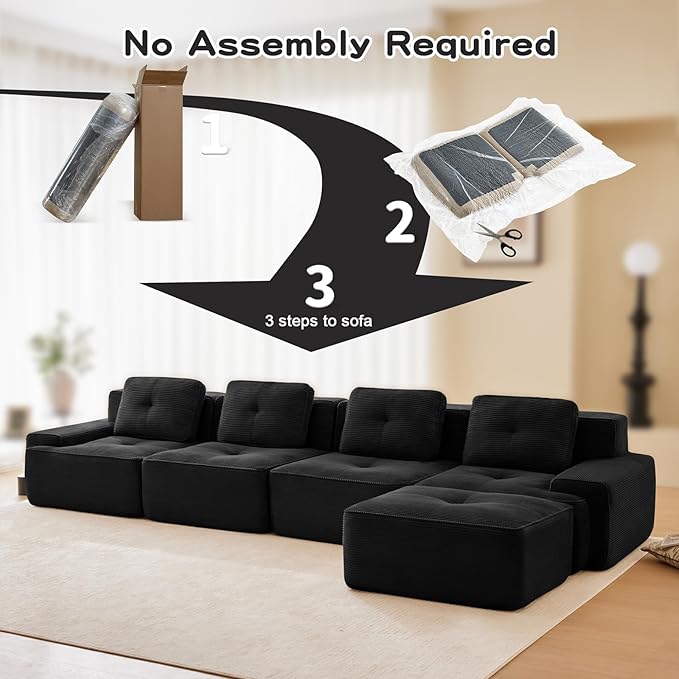 153 Modern Compressed Boneless Couch with Ottoman 4 Seater Large L Shaped Sectional Couches for Living Room Black Corduroy Cloud Modular Sectional Sofa Memory Foam Extra Deep No Assembly