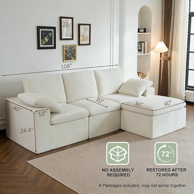 108'' Boneless Sectional Couch Cloud Sofa with Ottoman Modular Memory Foam Couches for Living Room Large L Shaped Modern Beige 3 Seater Floor Sofa Set No Assembly Comfy Deep Seats | Adjustable Bac