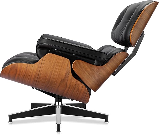 Top Black Grain Leather Mid Century Chaise Lounge Chair and Ottoman Modern Chair Classic Design Walnut Wood Heavy Duty Base Support for Living Room Office