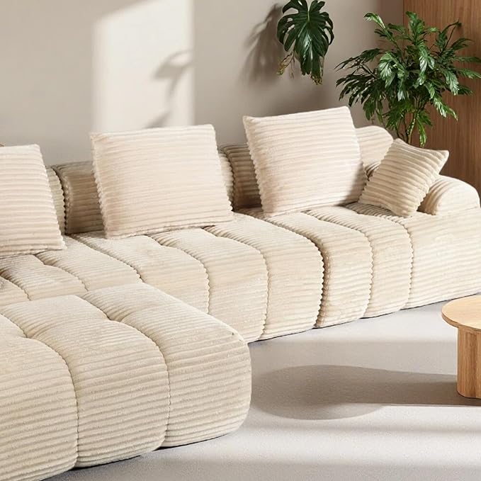 Chogori Corduroy Modular Sectional Sofa 118 Inch Boneless Cloud Couch with High Density Memory Foam Tufted L-Shaped Sofa for Living RoomNo Assembly (Beige)