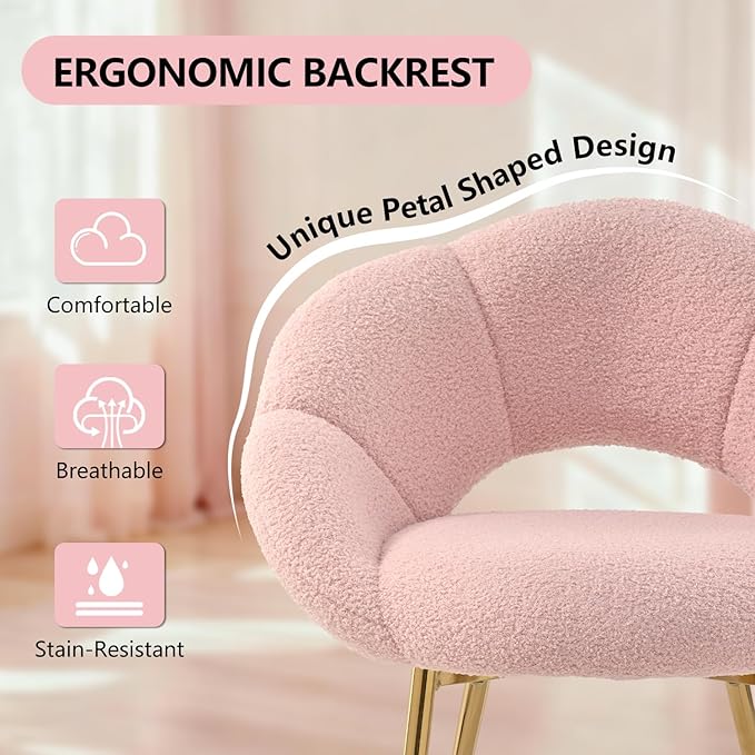 Petal Makeup Vanity Chair with BackModern Dining ChairUpholstered Desk Chair for Girls with Gold Metal Legs for Home OfficeBedroom (Pink)