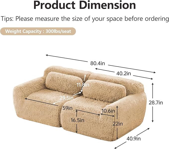 80.4-Inch Boneless Love Seat Couches in a Box Modern 2 Seat Floor Modular Foam Cloud Sofa Faux Fur Loveseat Couch W/Angle Armrests for Home Apartments Bedroom