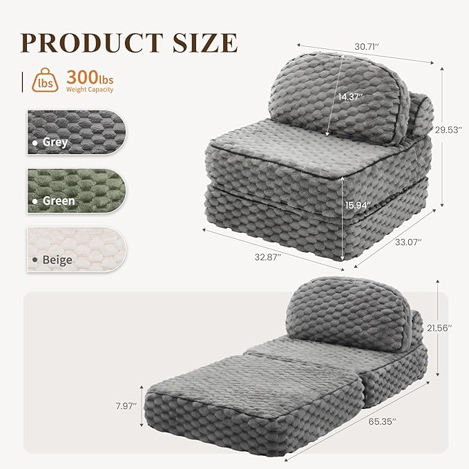 Folding Sofa Bed 3-in-1 Convertible Sleeper Chairs with PillowBack Support Fuzzy Fabric Floor Couch Bed for Adults Boneless Couches Living Room Bedroom Apartment Grey