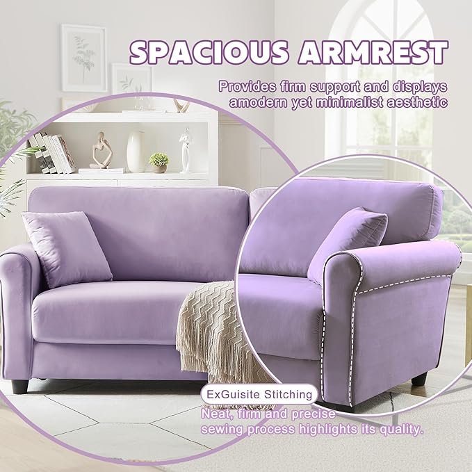 82.48 Velvet Upholstered Sofa Couch3 Seater Couch Loveseat Sofa Furniture Comfy Couches for Living Room Bedroom Small Space(Purple)