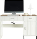 Farmhouse 47 Executive Desk Home Office Desk with File Drawer and Power Outlet Computer Desk with 2 Drawers and 1 Storage Cabinet Workstation for Office Home (White)