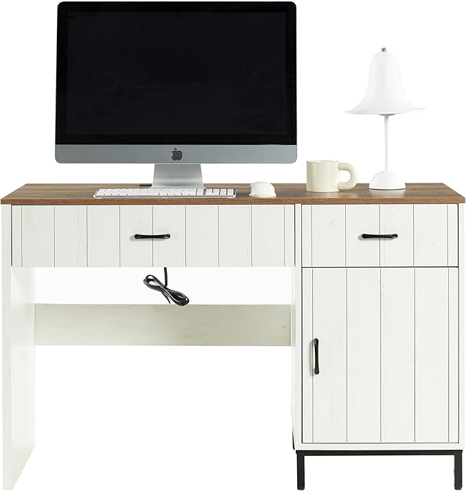Farmhouse 47 Executive Desk Home Office Desk with File Drawer and Power Outlet Computer Desk with 2 Drawers and 1 Storage Cabinet Workstation for Office Home (White)