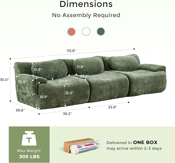 116 Modular Cloud Sofa Boneless Sectional Couches for Living Room with Memory Foam 3 Seater Modern Chenille Sofas Home Comfy No Assembly Couch for Apartment Green