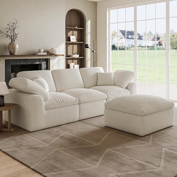 Cloud Sectional Couches for Living Room 4 Seater Cloud Modular Couch Boneless Comfy Sofa for Apartment L Shaped Corduroy Sectional Sofas with Ottoman Cream