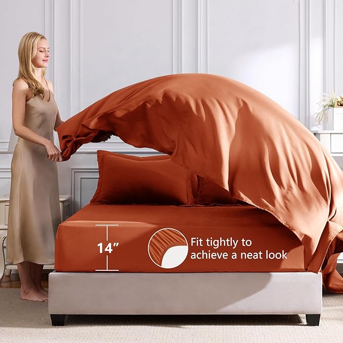 CozyLux Queen Comforter Set Burnt Orange - Bed in a Bag Queen Size 7 Pieces Luxury Soft Bed Set for All Seasons Bedding Set with Down Alternative Comforter Sheets Pillowcases &amp Shams Terracot