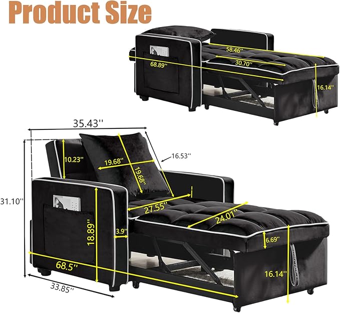3 in 1 Convertible Sleeper Chair Bed Modern Velvet Pull Out Sofa Bed Single Sleeper with Adjustable Backrest/Pillow/Side Pockets for Living Room Bedroom Apartment Small Space(Black)