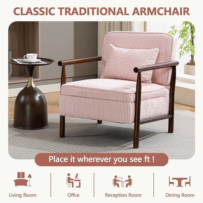 Pink Accent Chair with Storage 24 W Mid Century Modern Chair with Cushion Upholstered Corduroy Reading Chair with Wooden Legs Comfy Arm Chairs for Living Room Bedroom (Pink)