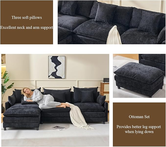 107 L Shaped Modern Sofa Modular Sectional Upholstered Double-Layer 3 Seater Cloud Couch Chenille Deep Seat Sofa with Throw Pillows &amp Movable Ottoman for Living Room Apartment Black
