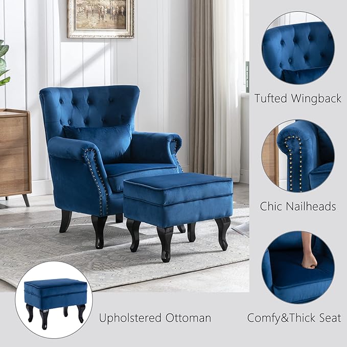 Mid Century Modern Accent Chair Upholstered Armchair Comfy Velvet Tufted Wingback Single Sofa with Ottoman for Bedroom Living Room Blue