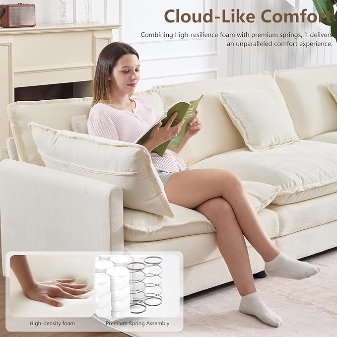 Oversized Modular Sectional Sofa Large U Shaped Couch with Deep Seat Chenille Cloud Couches for Living Room Convertible 6 Seater Sectional Sofa for Spacious Space Beige White