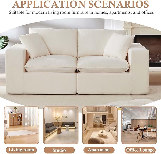 78'' Chenille Modular Loveseat White Boneless Loveseat with 2 Pillows Cloud Couch Love Seats for 2-Seater Upholstered Sectional Sofa for Living Room No Assembly Freely Combinable (White)