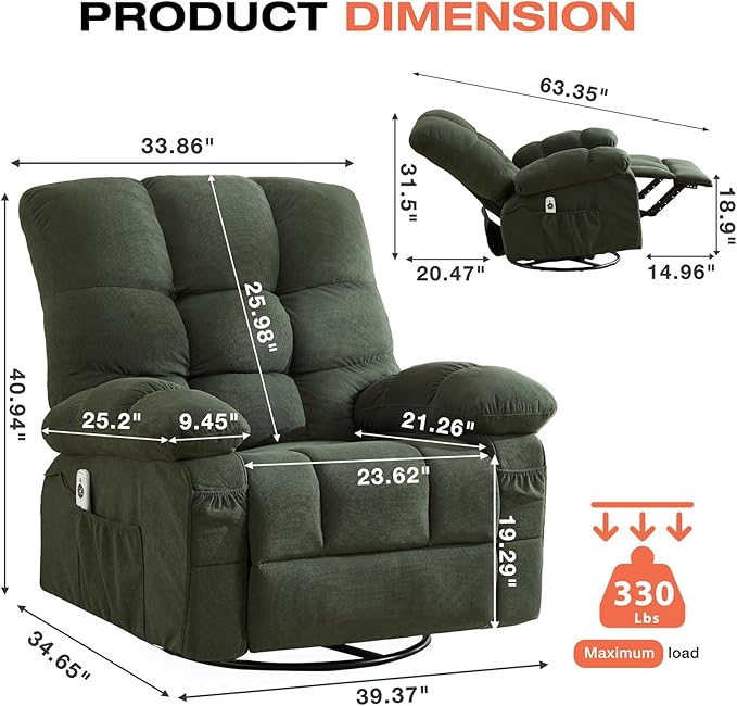 Massage Recliner Chair with Vibration Massage and Heat Recliner for Living Room with USB Charge Port and Side Pocket Recliner Chair for Adults (Green)
