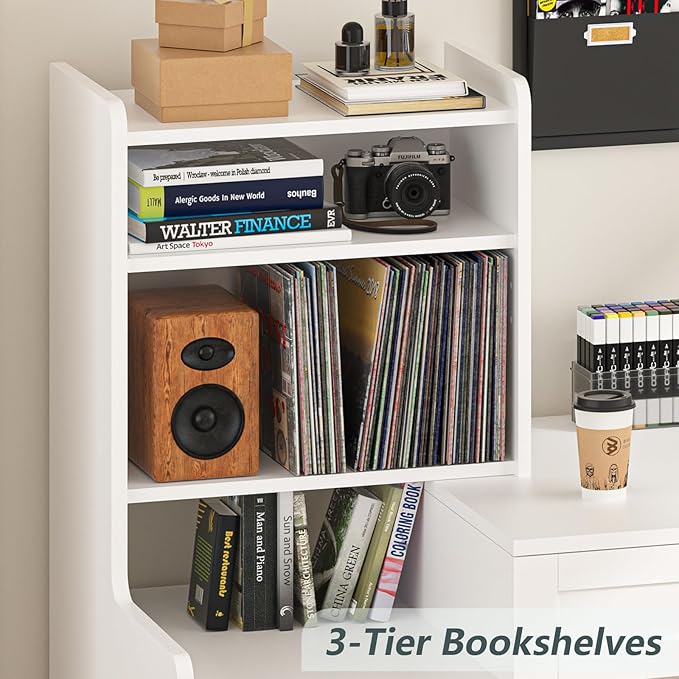 60 Computer Desk with Drawers &amp Bookshelves Home Office Desk with Storage Cabinet &amp Spacious Desktop Writing Gaming Study Table with Bookcase White