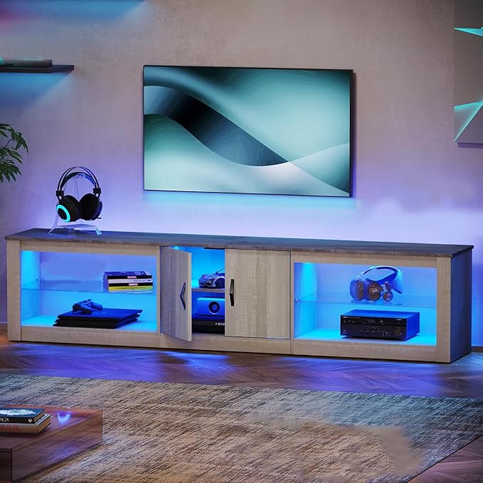 Bestier 80 Inch TV Stand for 75/77/85/86 inch TVs LED Gaming Entertainment Center for PS5 with Storage Cabinet &ampAdjustable Glass Shelves Modern TV Console Table for Living Room Bedroom Wash Whi