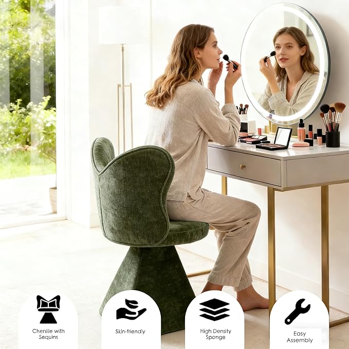 KEIKI Chenille Vanity Chair with Butterfly Back 360° Swivel Armless Accent Chair Upholstered Single Sofa for Living Room Bedroom Dining Vanity Green