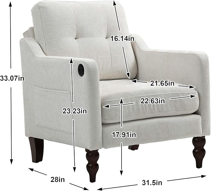 Small Accent Chair Comfy Reading Chairs for Adults with Side Storage Ergonomic Armchair with Wide Backrest Room Chairs with USB Charging Port Living Room Apartment Bedroom (Beige)