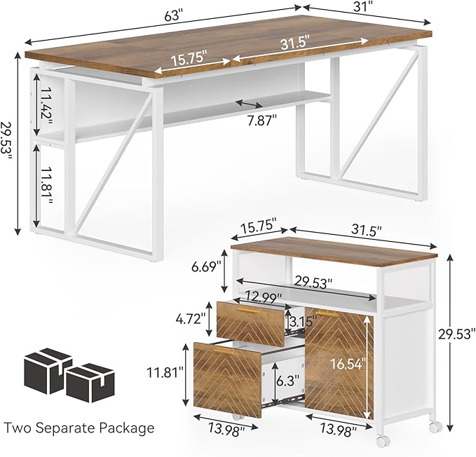 LITTLE TREE 63-Inch Office Desk with 31.5-Inch Lateral File Cabinet Study Writing Desk Computer Desk for Home Office