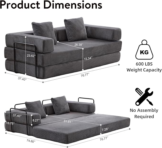 Folding Sofa Bed Convertible Sleeper Corduroy Floor Couch with Pillows Fold Out Couch King Size Bed Futon Couchs Foldable Memory Foam Mattress for Living Room Bedroom Playroom (Dark Grey)