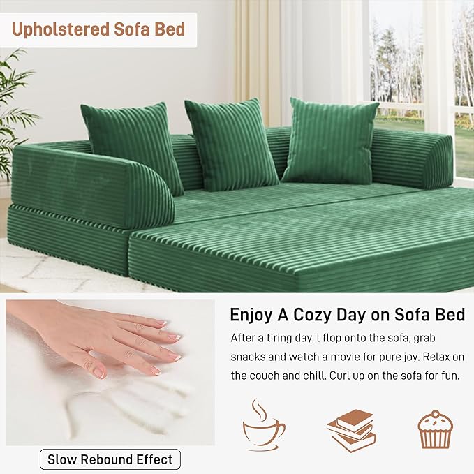 XVD 79 Boneless Sleeper Sofa Bed Convertible Futon Couch with Pillows and Storage Pocket Pull Out Compressed Sofa for Living Guest Room Bedroom Green