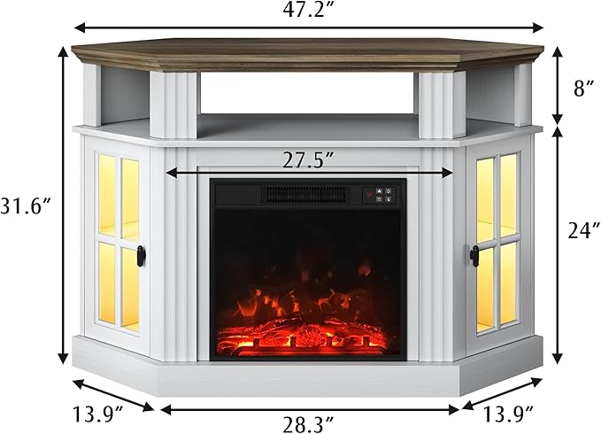 YESHOMY LED Corner Fireplace TV Stand with Mood Lighting for TVs up to 55 with Storage Cabinets Entertainment Center Media Console for Living Room Bedroom White
